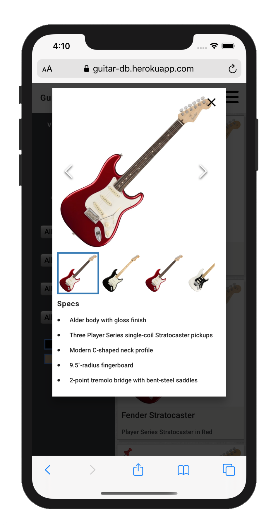 Screenshot of Guitar Explorer with modal window of guitar